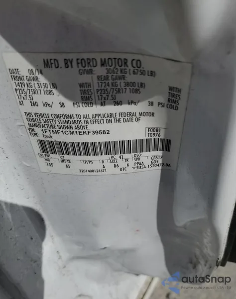 2014 Ford F150 из США, поврежденный, VIN 1FTMF1CM1EKF39582